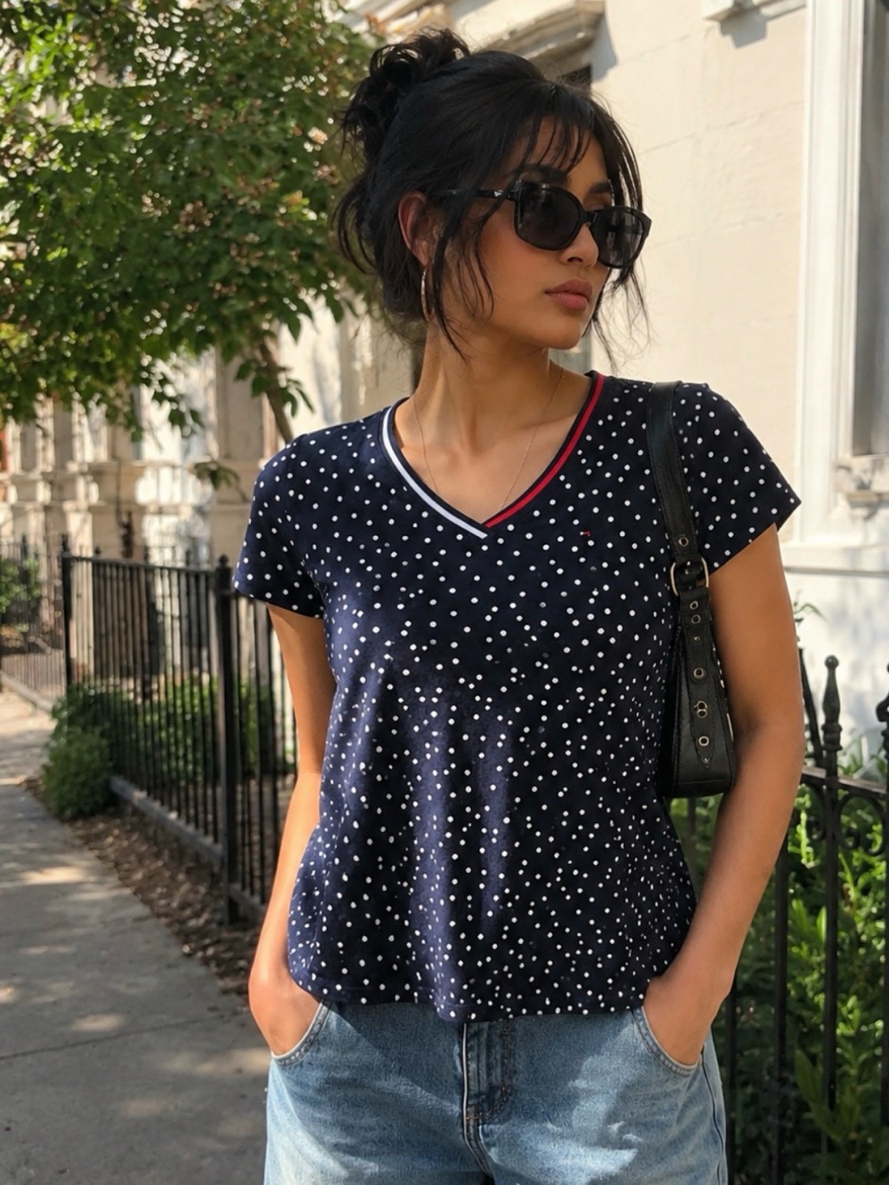 Tommy Hilfiger Navy Polka Dot V-Neck Short Sleeve Tee with Red Trim